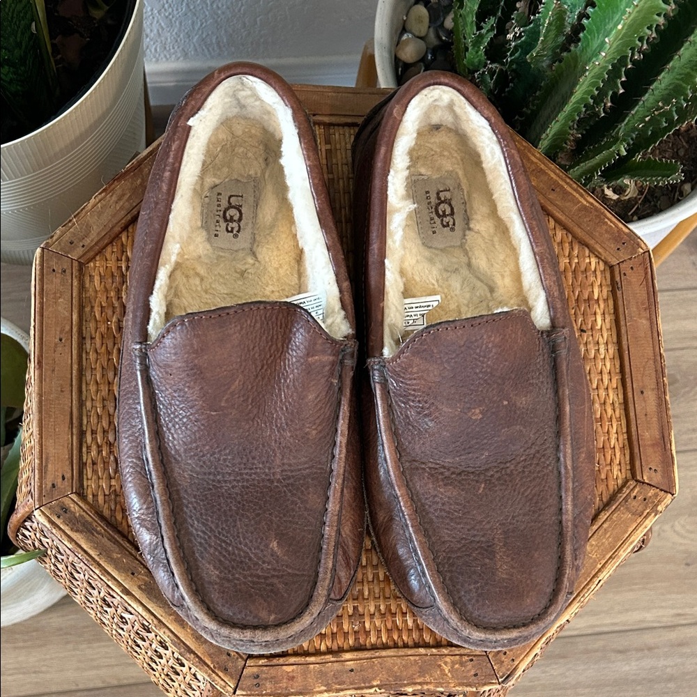 UGG Men's Ascot Tan Leather‎ Loafers Slip on size 10 leather and shearling wool